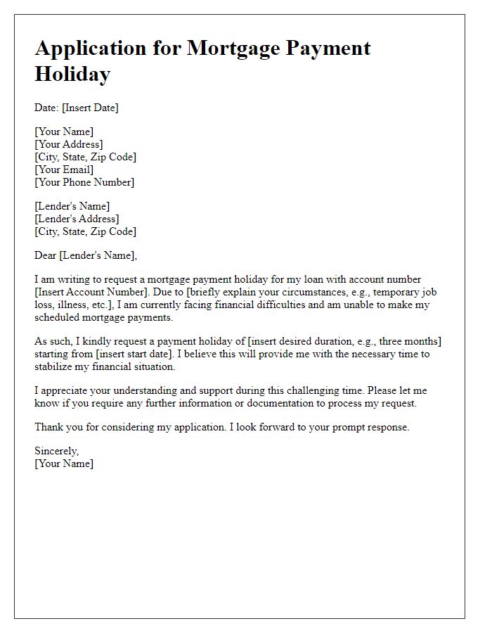 Letter template of application for mortgage payment holiday