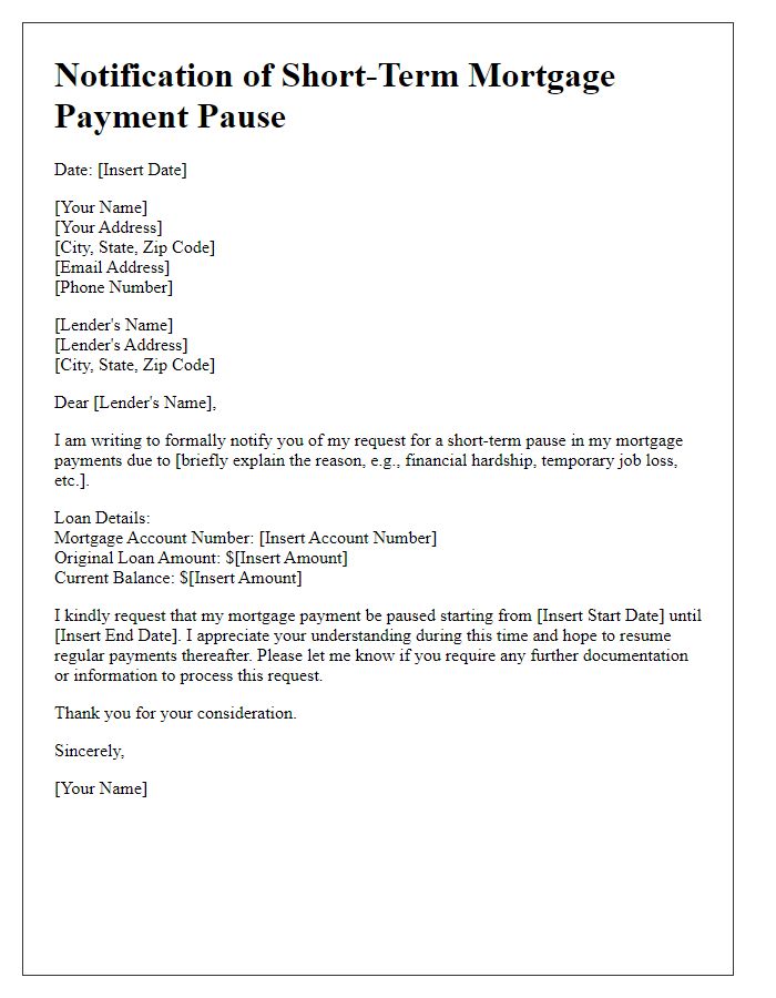 Letter template of notification for short-term mortgage payment pause