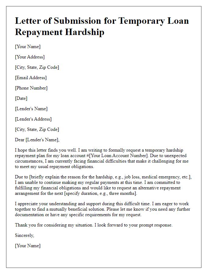 Letter template of submission for temporary loan repayment hardship