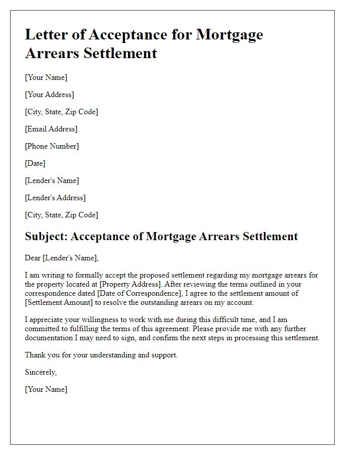 Letter template of acceptance of mortgage arrears settlement