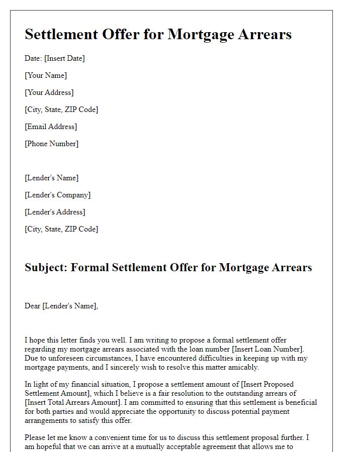 Letter template of formal settlement offer for mortgage arrears