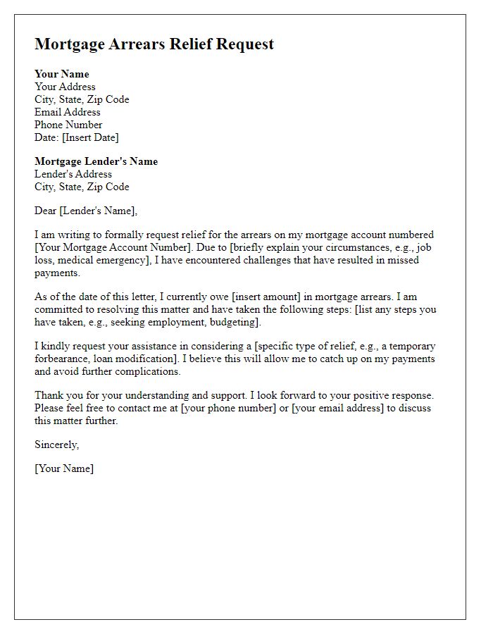 Letter template of mortgage arrears relief request