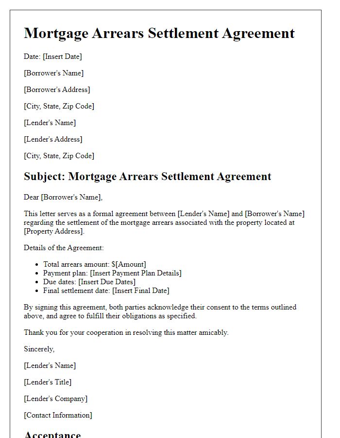 Letter template of mortgage arrears settlement agreement