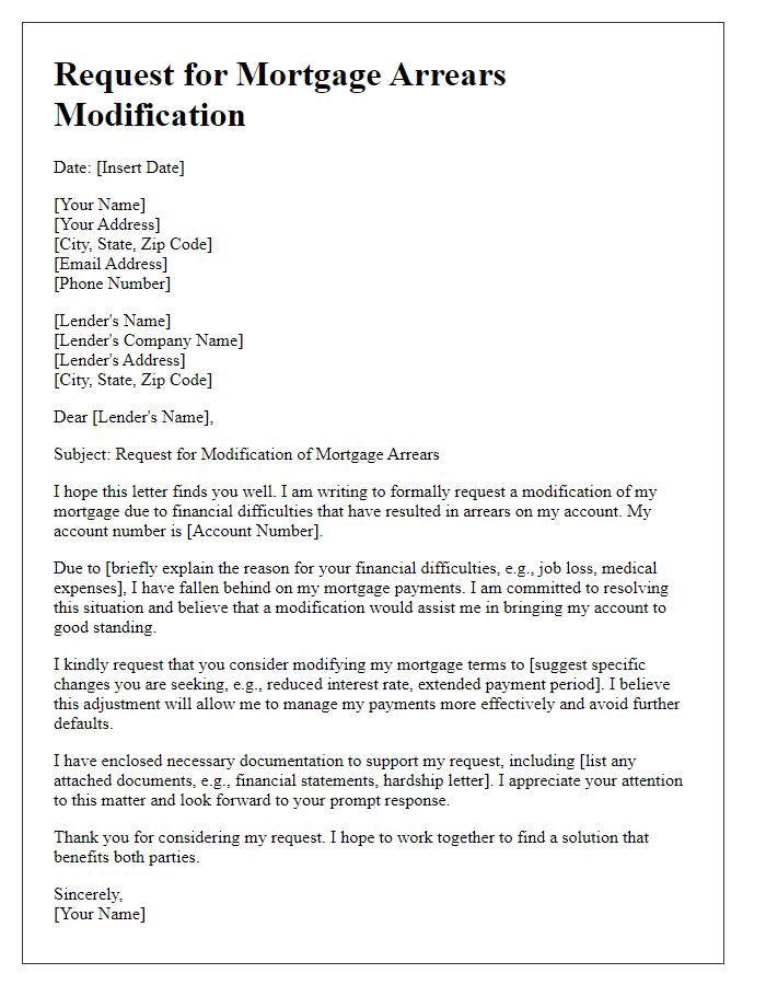 Letter template of request for mortgage arrears modification