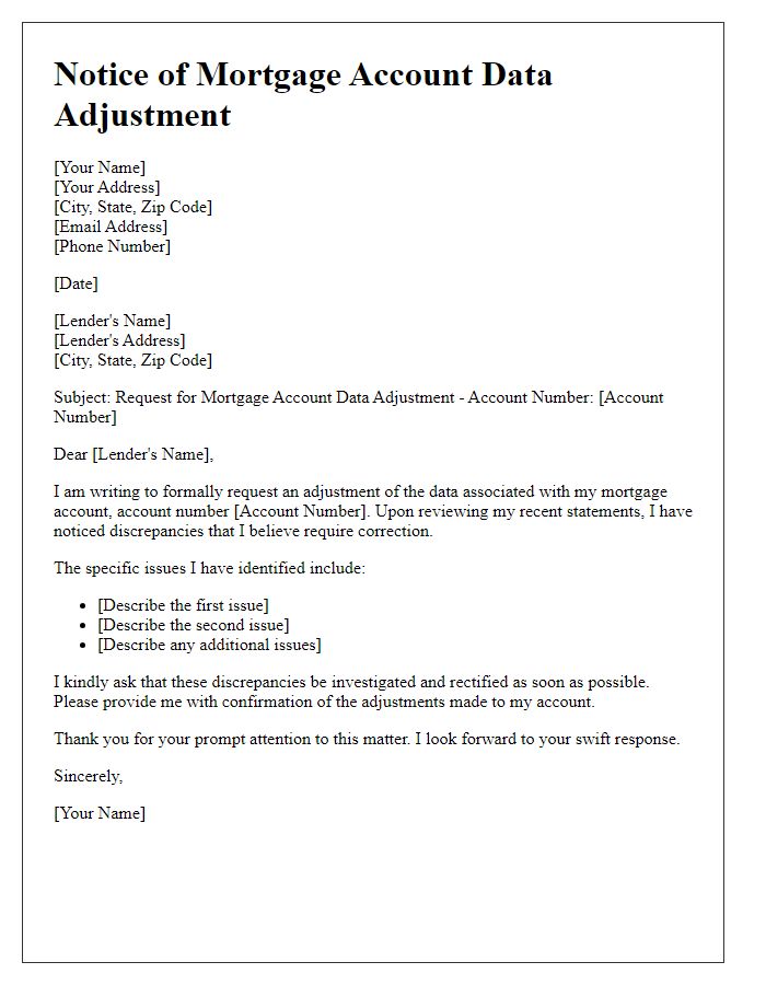 Letter template of formal notice for mortgage account data adjustment.