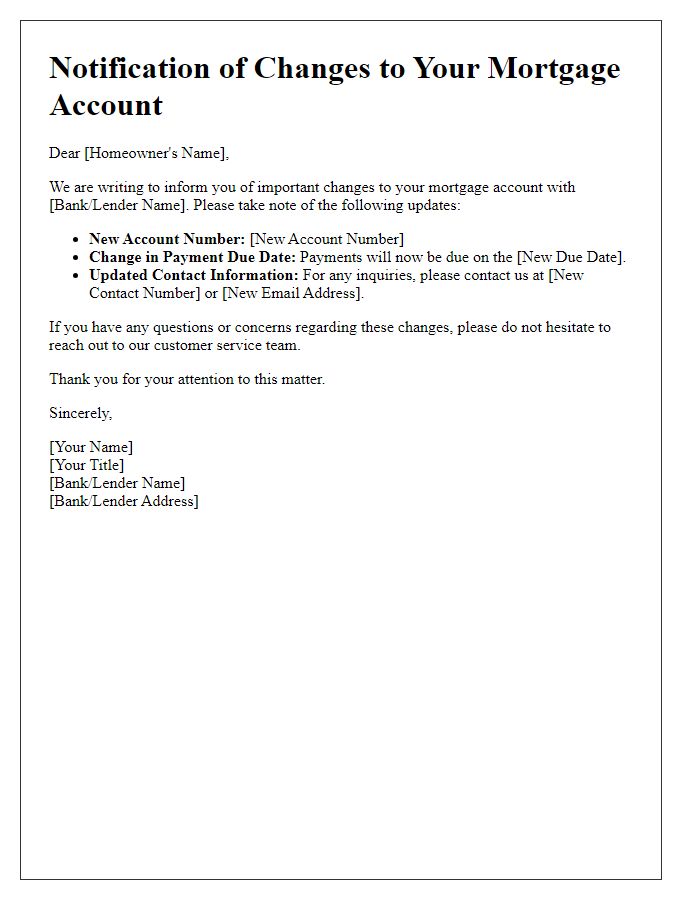 Letter template of notification for changes in mortgage account details.