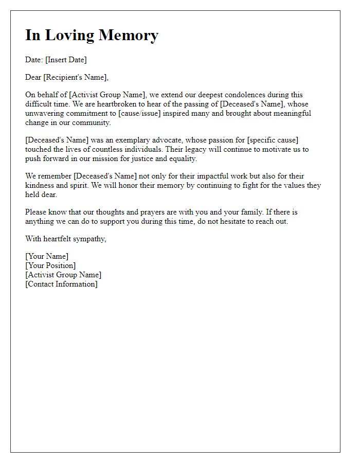 Letter template of remembrance from an activist group extending sympathy.