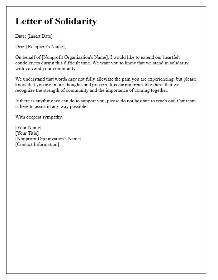 Letter template of solidarity from a nonprofit organization offering condolences.