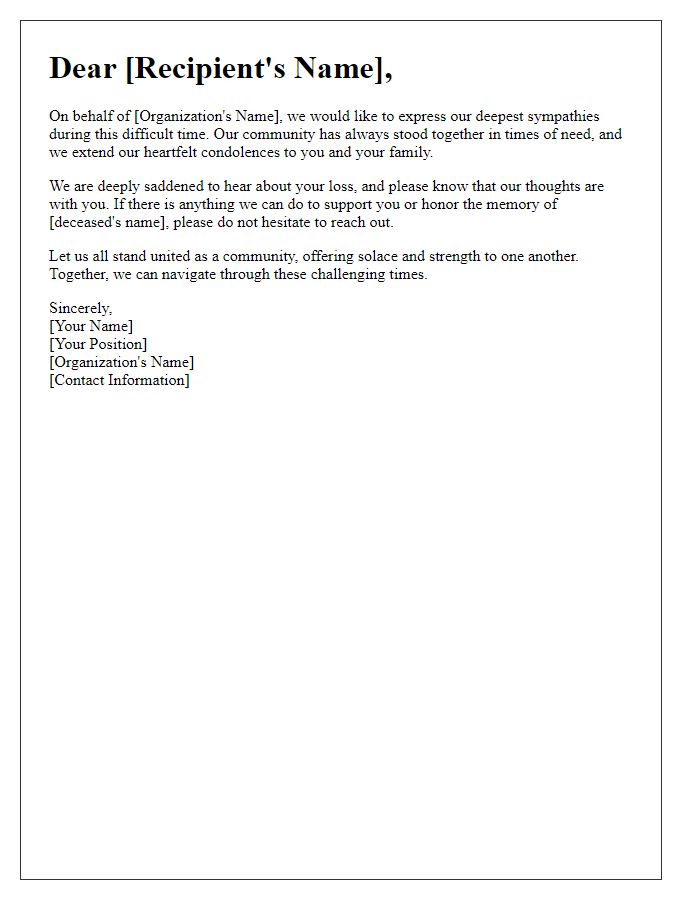 Letter template of unity from a community service organization conveying sympathy.