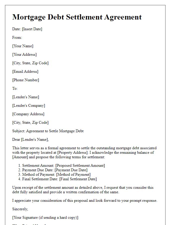 Letter template of agreement to settle mortgage debt