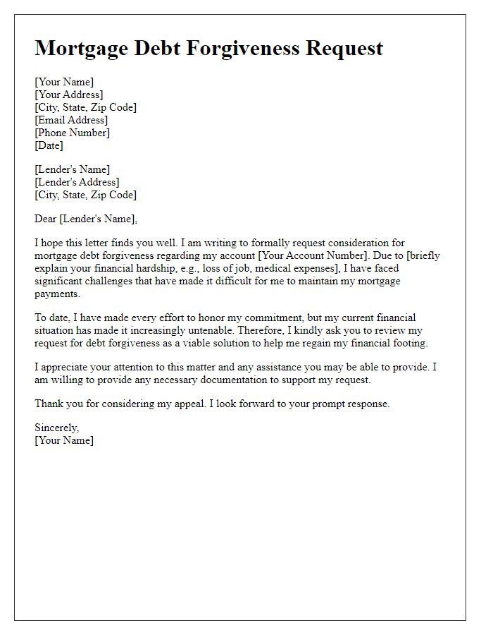 Letter template of mortgage debt forgiveness request