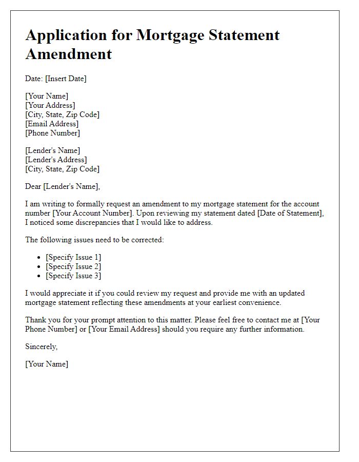 Letter template of application for mortgage statement amendment