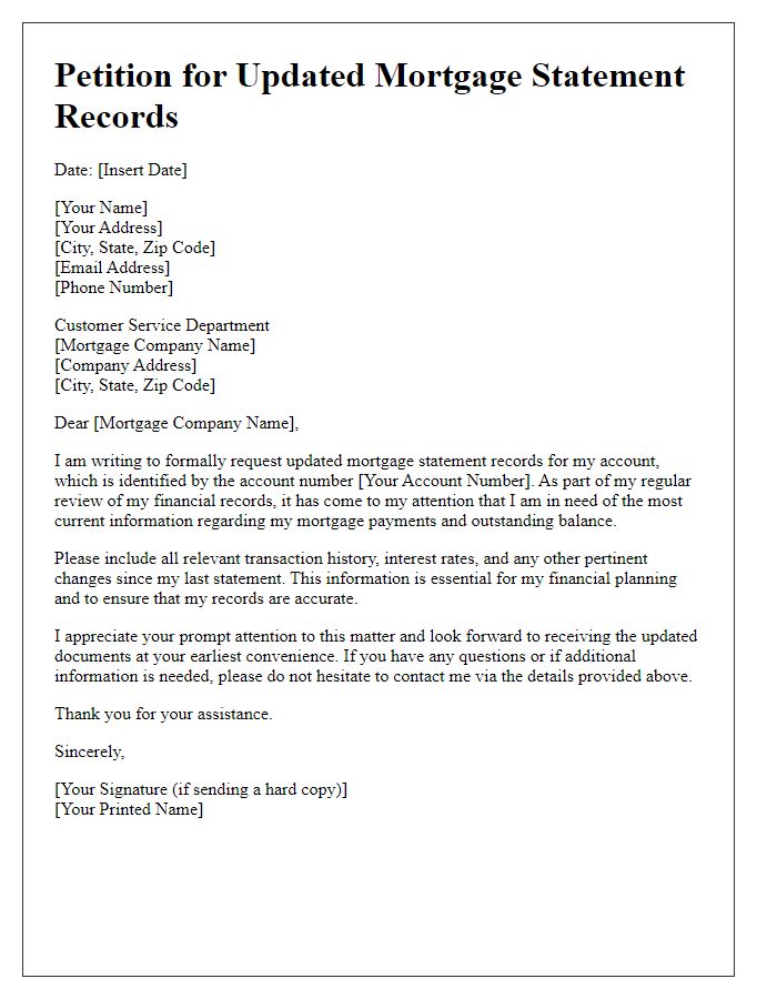 Letter template of petition for updated mortgage statement records