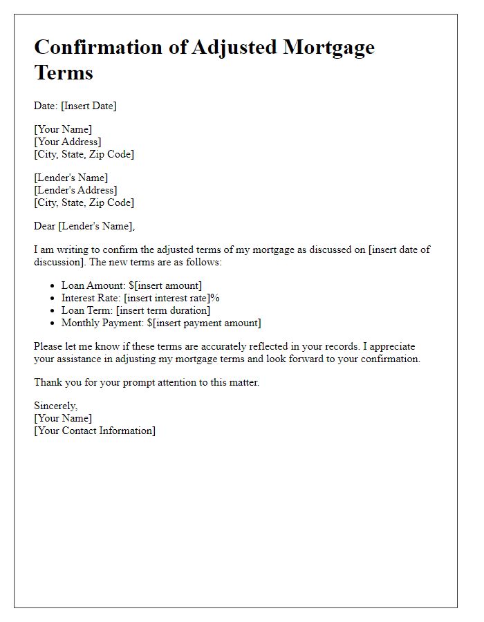 Letter template of confirmation for adjusted mortgage terms