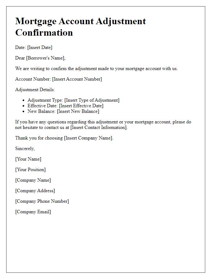 Letter template of mortgage account adjustment confirmation