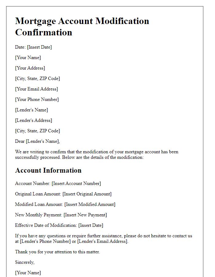 Letter template of mortgage account modification confirmation