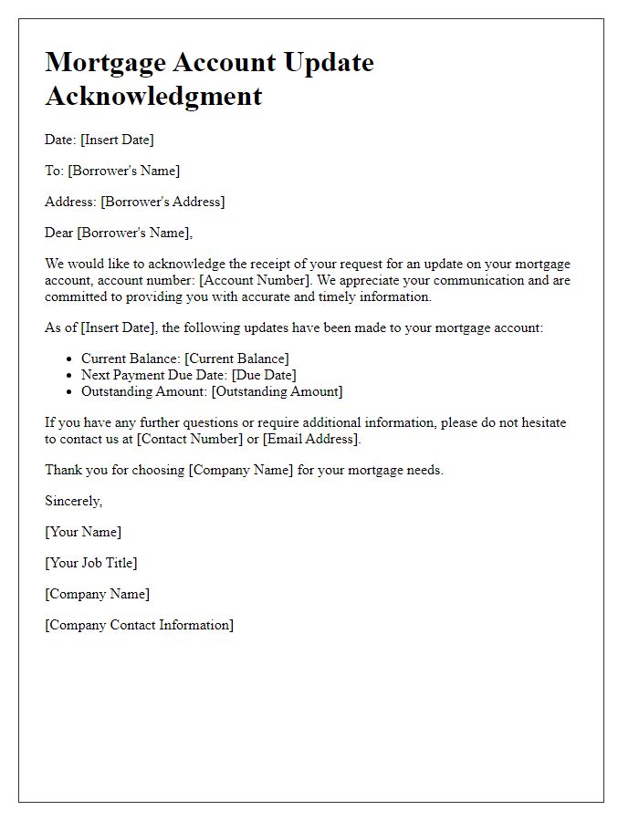 Letter template of mortgage account update acknowledgment