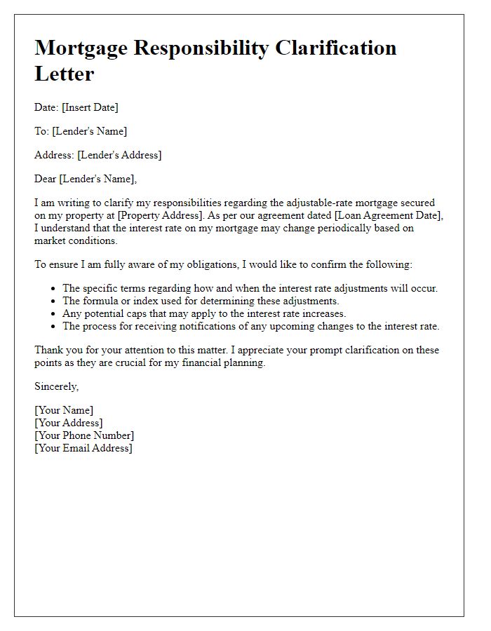 Letter template of mortgage responsibility clarification for adjustable-rate mortgages