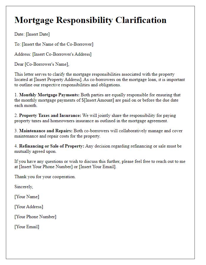 Letter template of mortgage responsibility clarification for co-borrowers