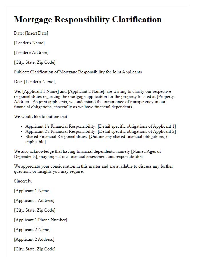 Letter template of mortgage responsibility clarification for joint applicants with financial dependents