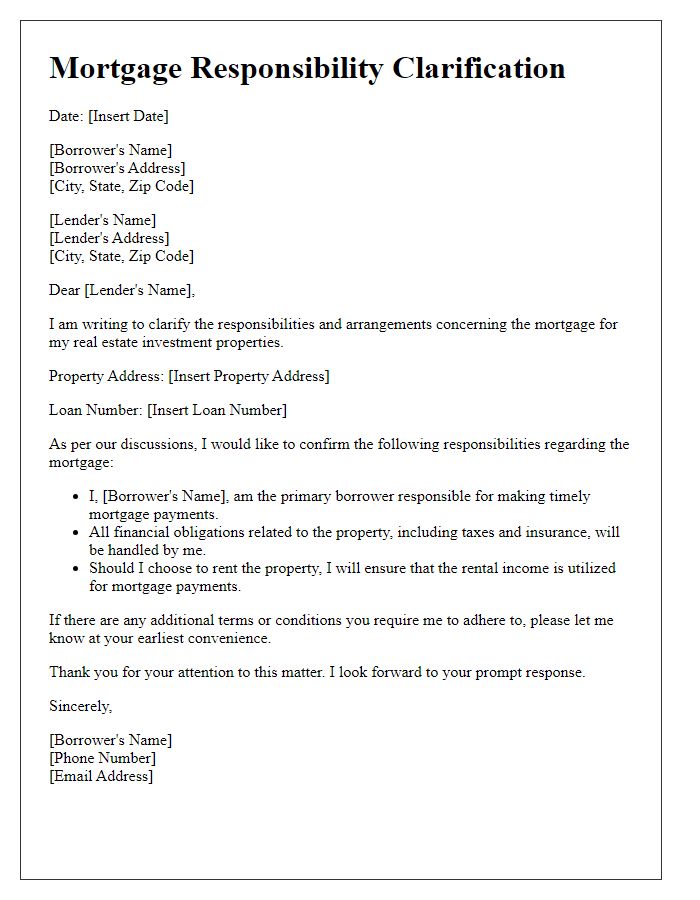 Letter template of mortgage responsibility clarification for real estate investment properties