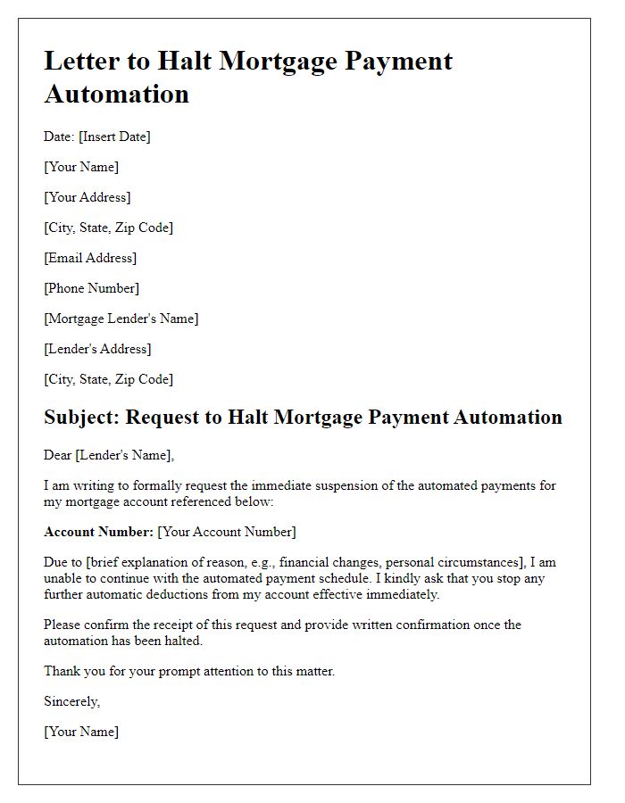 Letter template of instruction to halt mortgage payment automation.