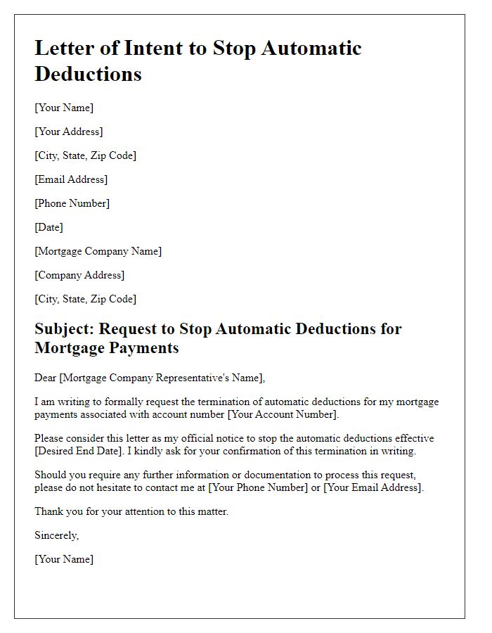 Letter template of intent to stop automatic deductions for mortgage payments.