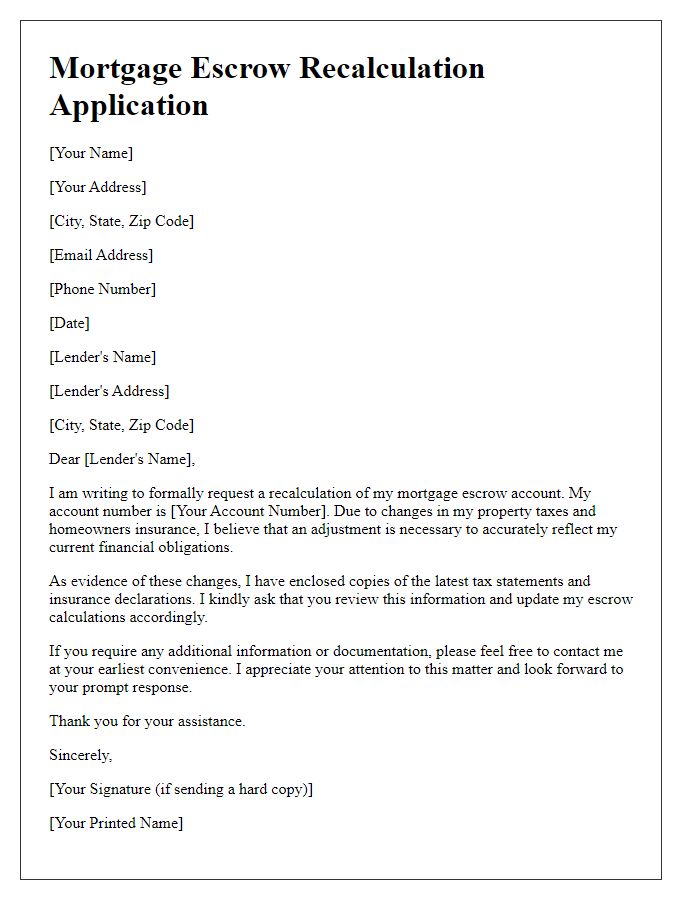 Letter template of application for mortgage escrow recalculation