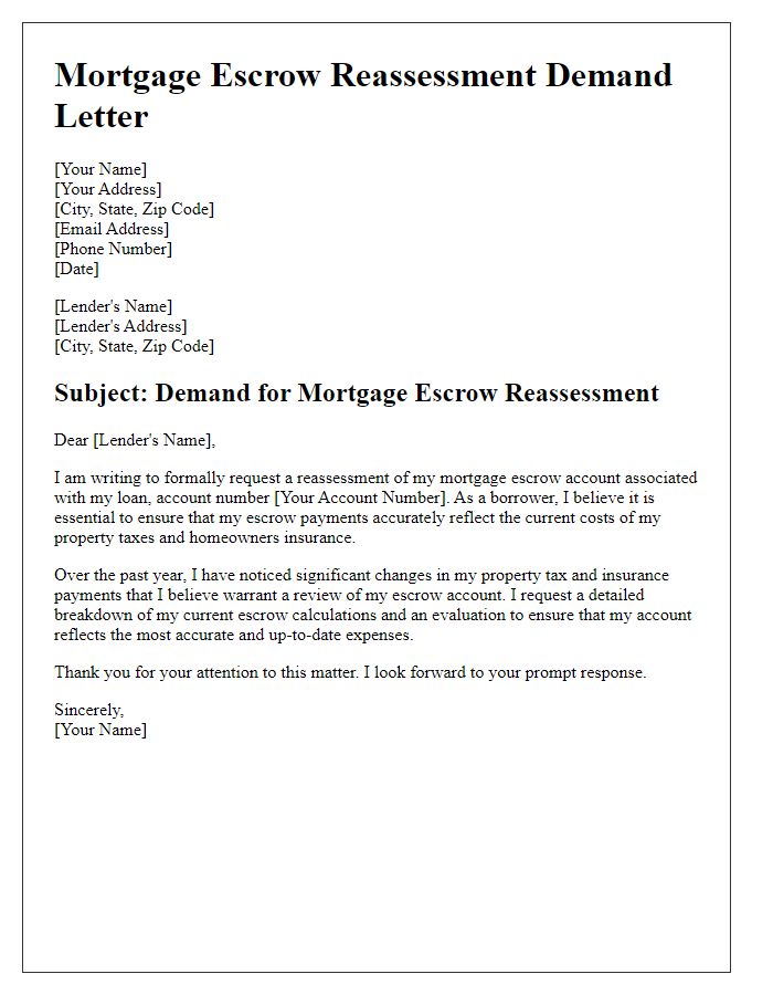 Letter template of demand for mortgage escrow reassessment