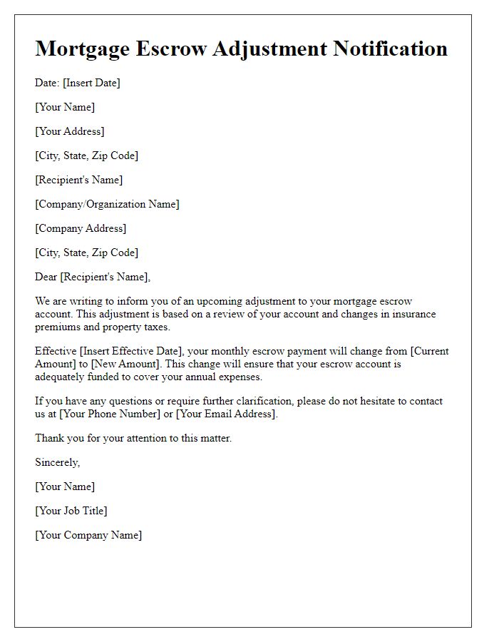 Letter template of notification for mortgage escrow adjustment