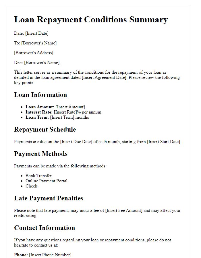 Letter template of loan repayment conditions summary