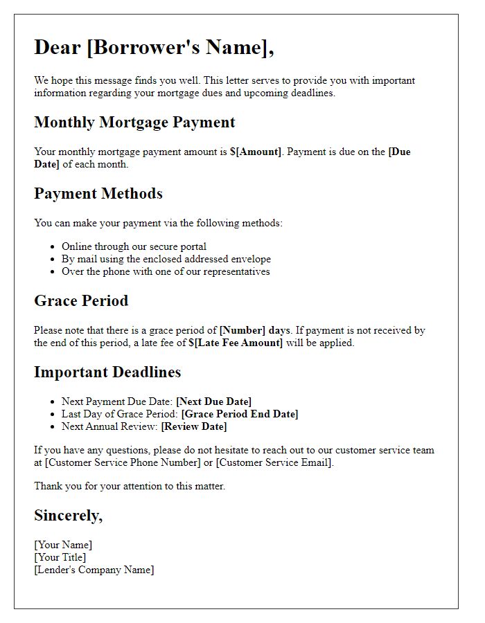 Letter template of mortgage dues and deadlines explanation