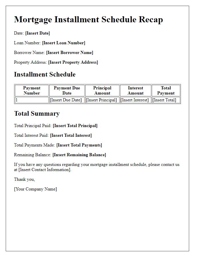 Letter template of mortgage installment schedule recap