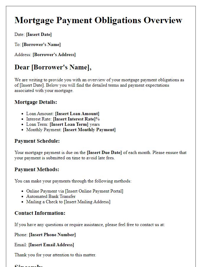 Letter template of mortgage payment obligations overview