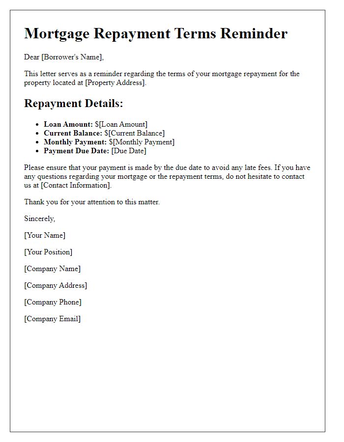 Letter template of mortgage repayment terms reminder