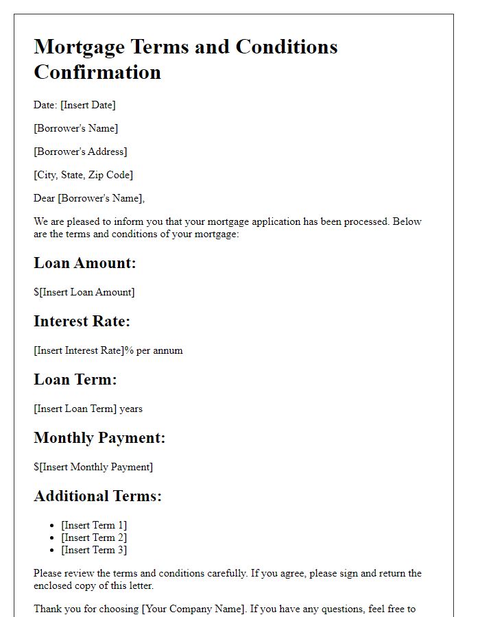 Letter template of mortgage terms and conditions confirmation