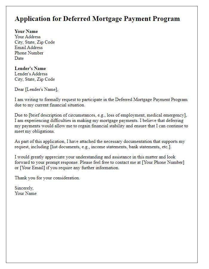 Letter template of application for deferred mortgage payment program.