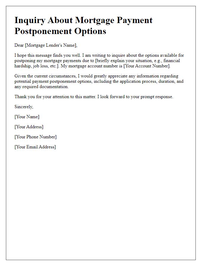 Letter template of inquiry about mortgage payment postponement options.