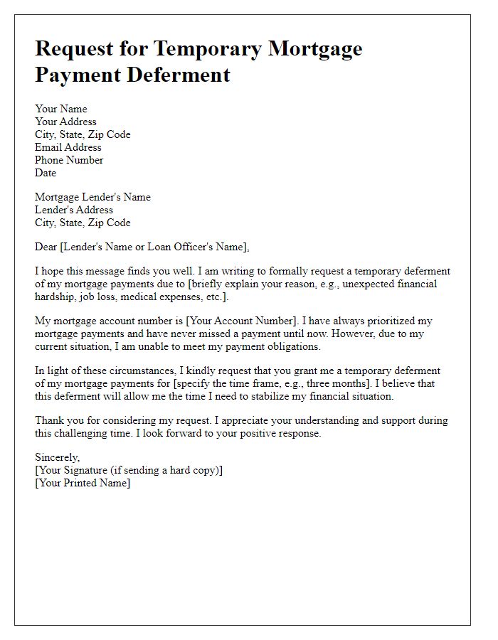 Letter template of request for temporary mortgage payment deferment.