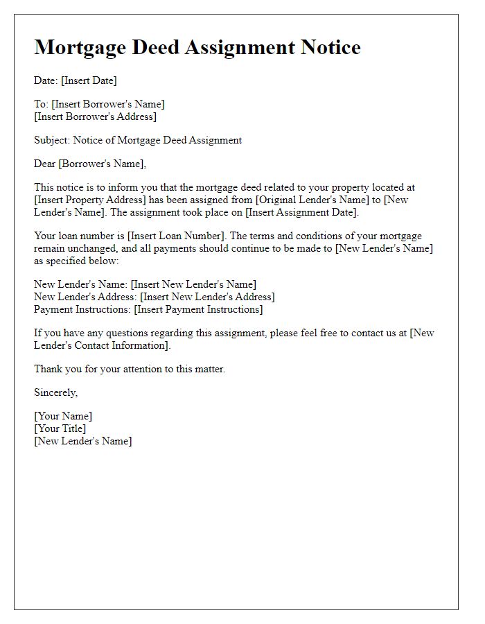 Letter template of Mortgage Deed Assignment Notice