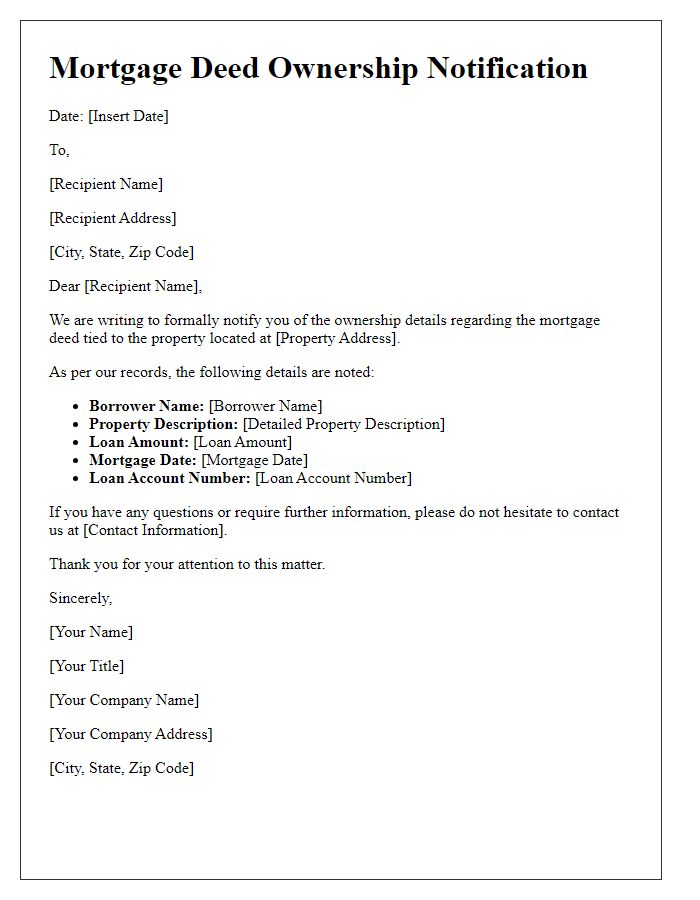 Letter template of Mortgage Deed Ownership Notification