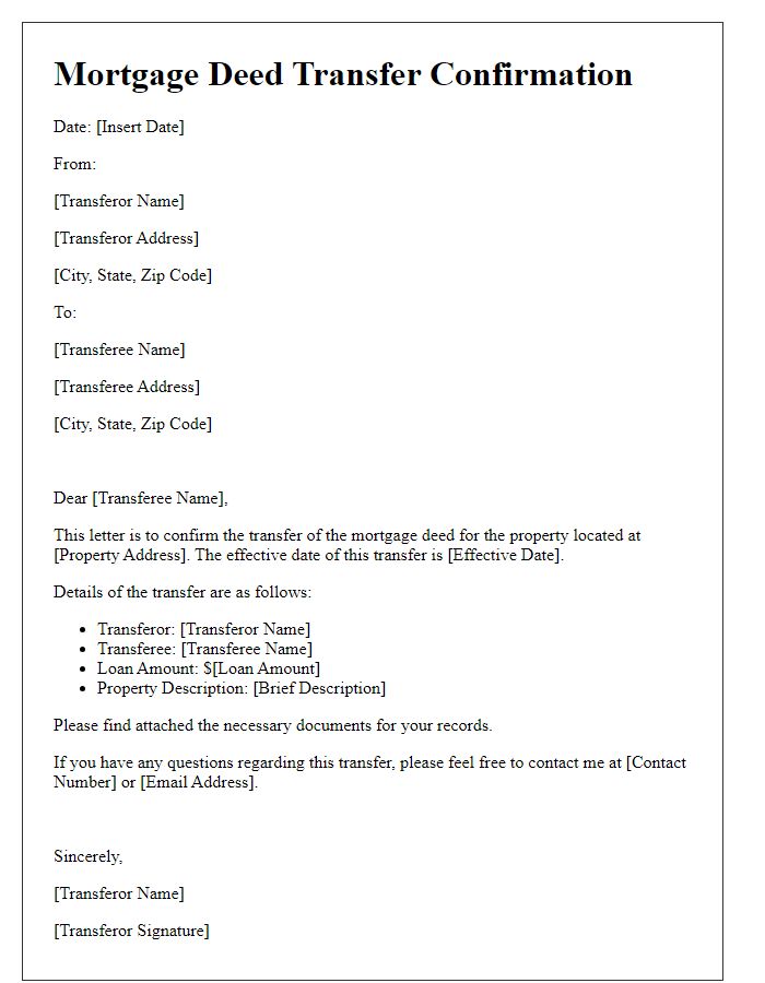 Letter template of Mortgage Deed Transfer Confirmation