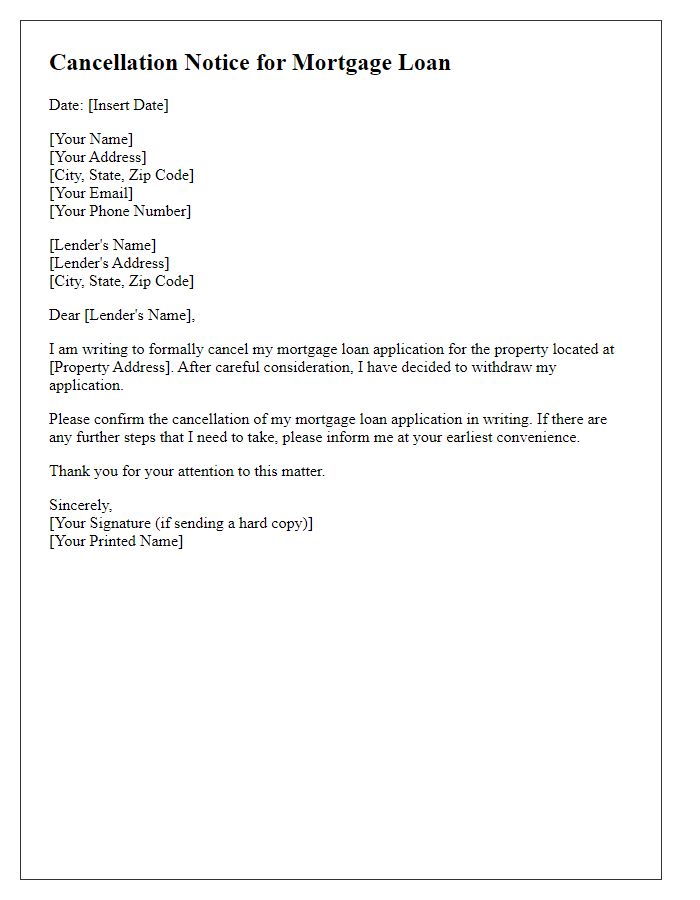 Letter template of cancellation notice for mortgage loan