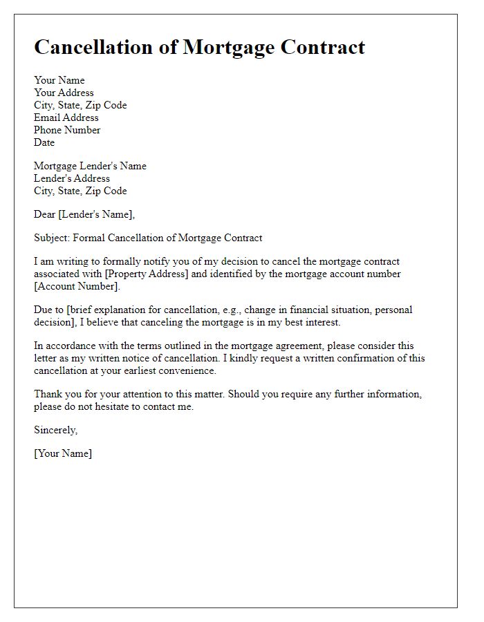 Letter template of formal cancellation of mortgage contract