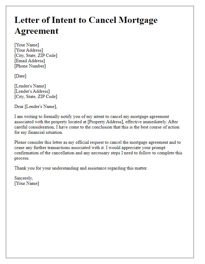 Letter template of intent to cancel mortgage agreement