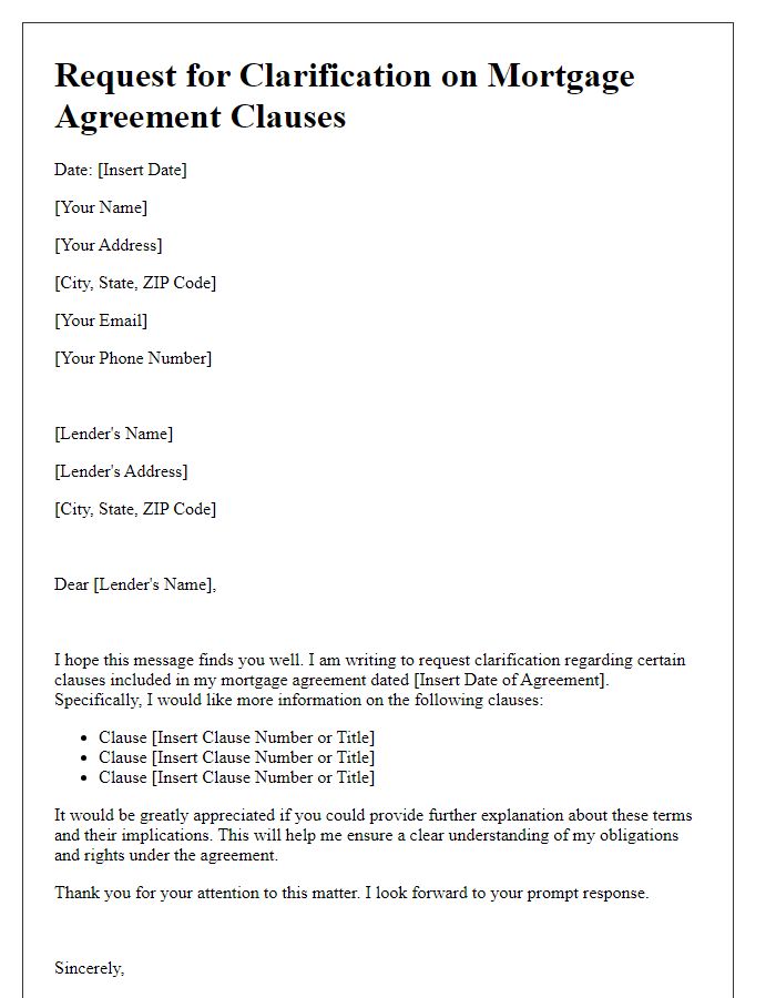 Letter template of clarification request on mortgage agreement clauses.