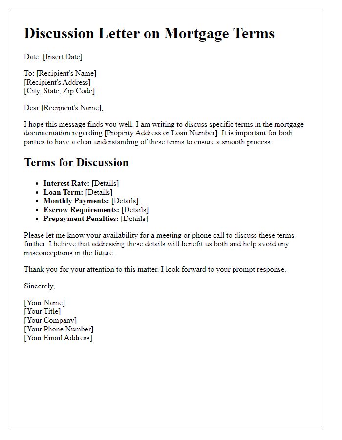 Letter template of discussion on specific terms in mortgage documentation.