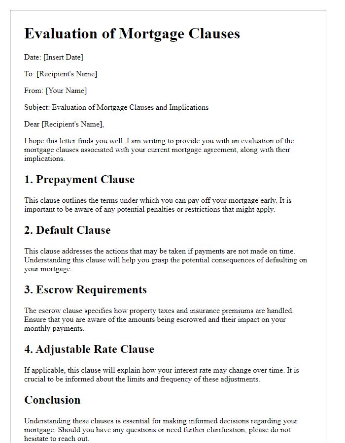 Letter template of evaluation of mortgage clauses and implications.