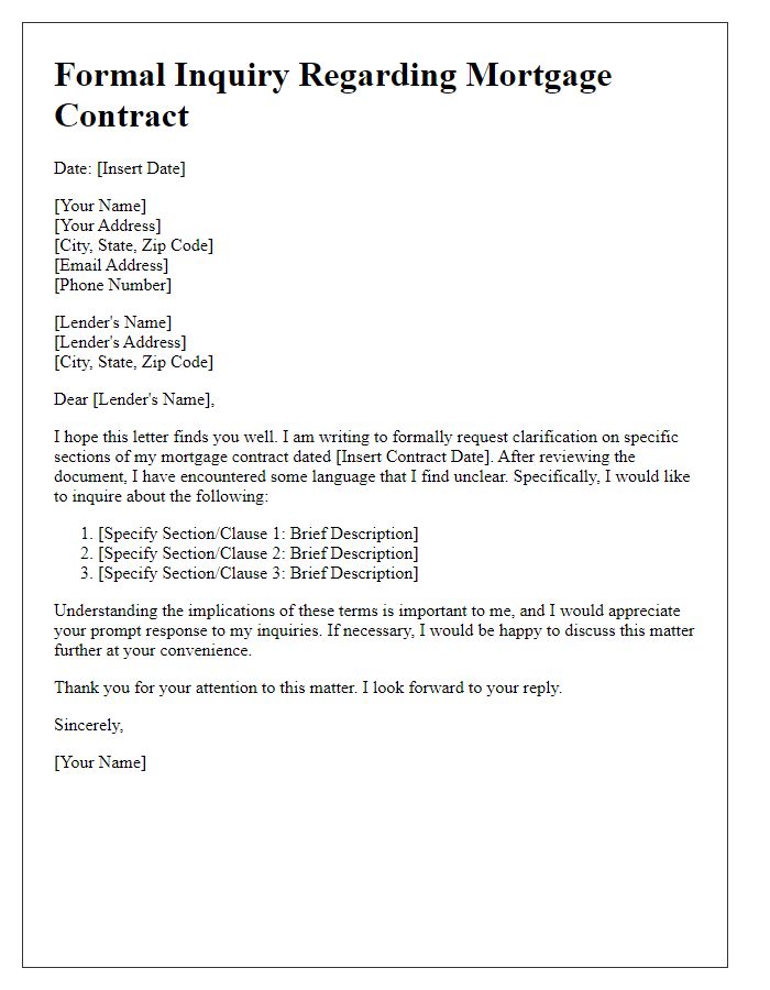 Letter template of formal questioning of mortgage contract language.