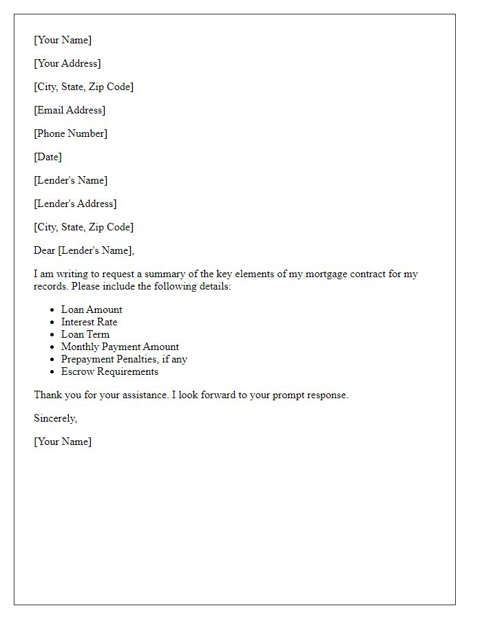 Letter template of summary request on key mortgage contract elements.